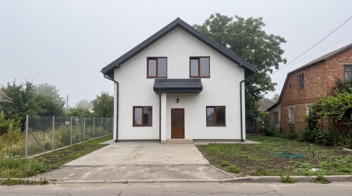 Casă albă terminată pe același teren, cu alee turnată în față