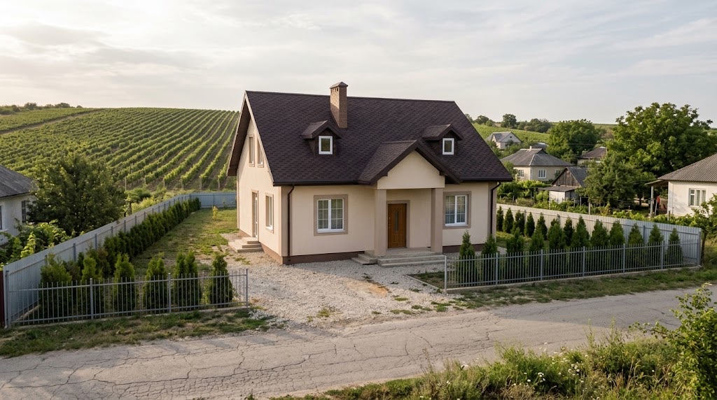 Aceeași casă terminată, cu acoperiș maro și fațadă finisată