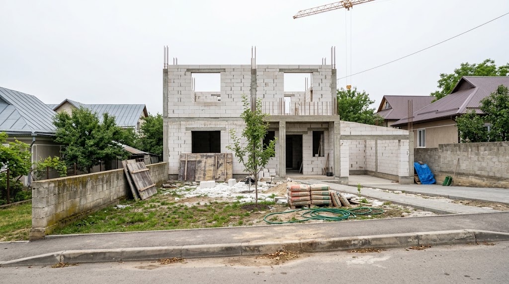 Casă pe două niveluri la stadiul de structură, cu materiale în curte