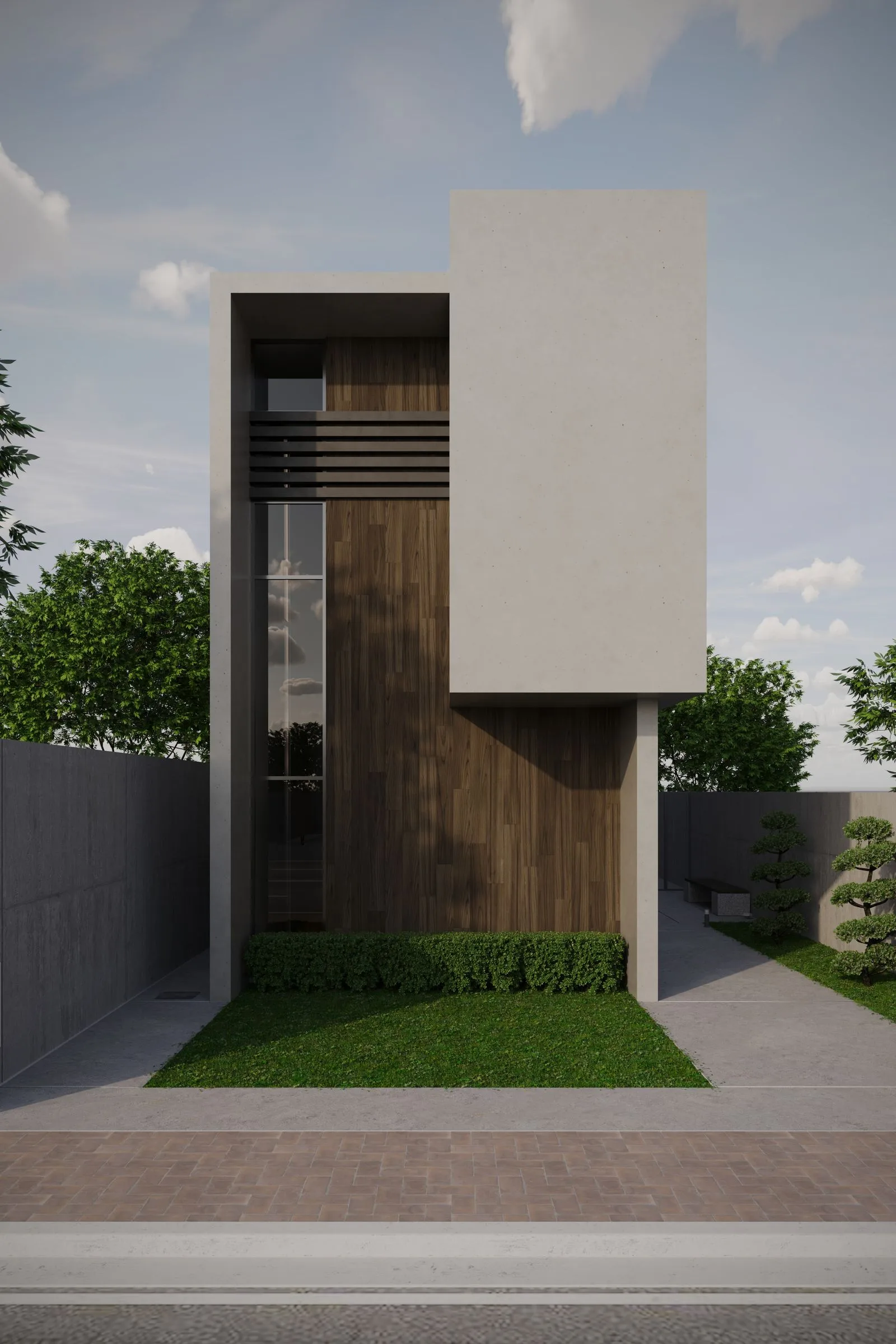 3D-визуализация фасада минималистичного дома с бетоном, деревянной обшивкой и газоном.